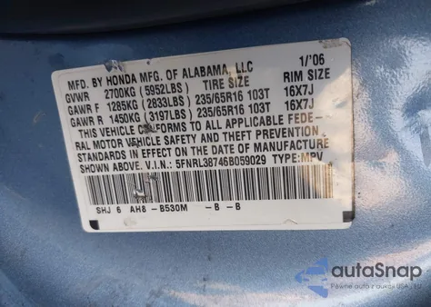 2006 Honda Odyssey Ex-L z USA, uszkodzony, nr VIN 5FNRL38746B059029